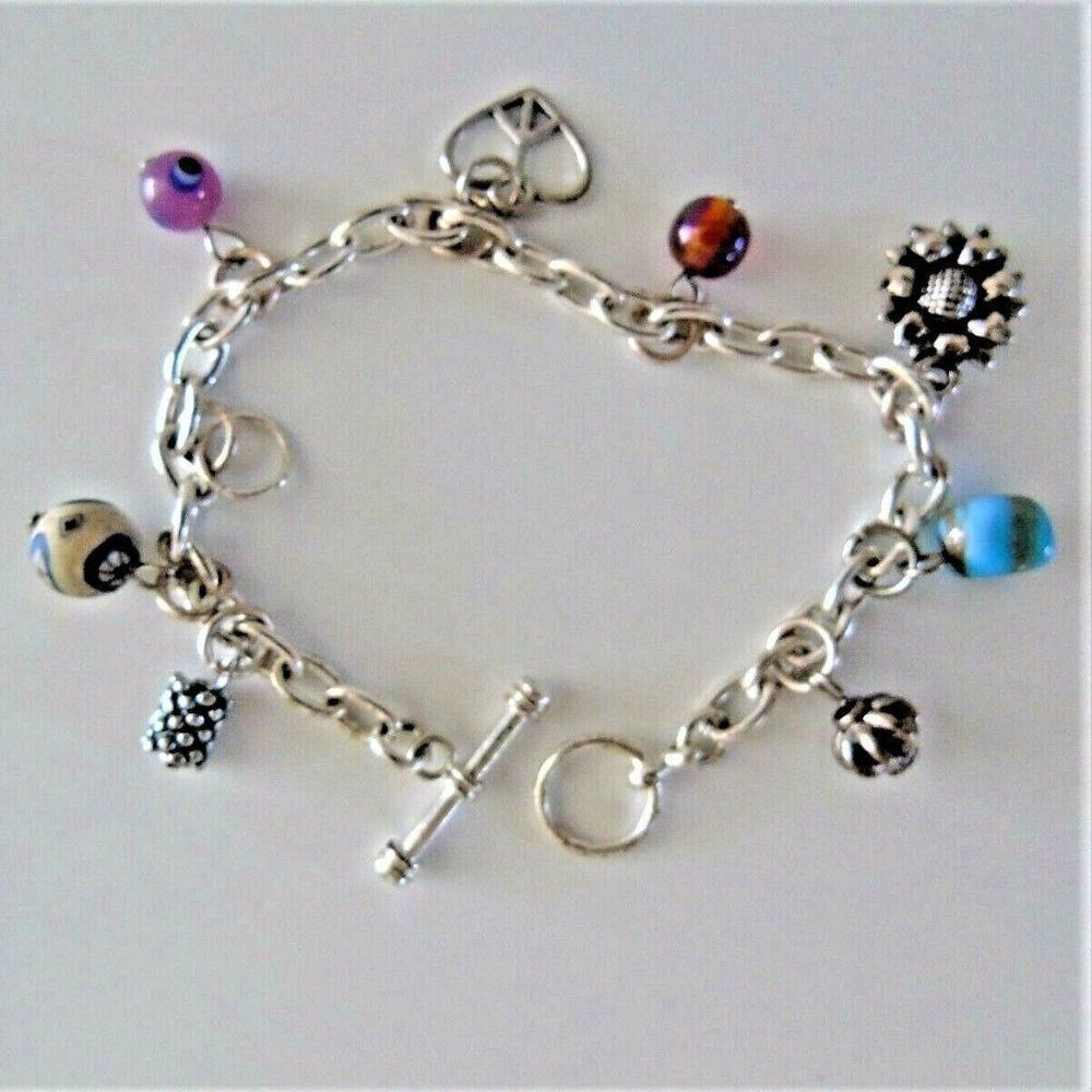 Bangle Bracelet 8 Charms Chain Link Toggle Clasp Silver Tone New In Gift Box